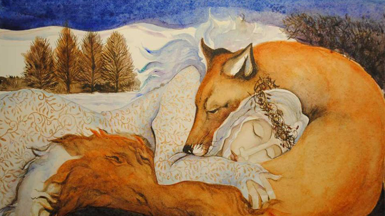 Aquarelle : une femme endormie, enveloppée par un renard, dans un paysage d'hiver