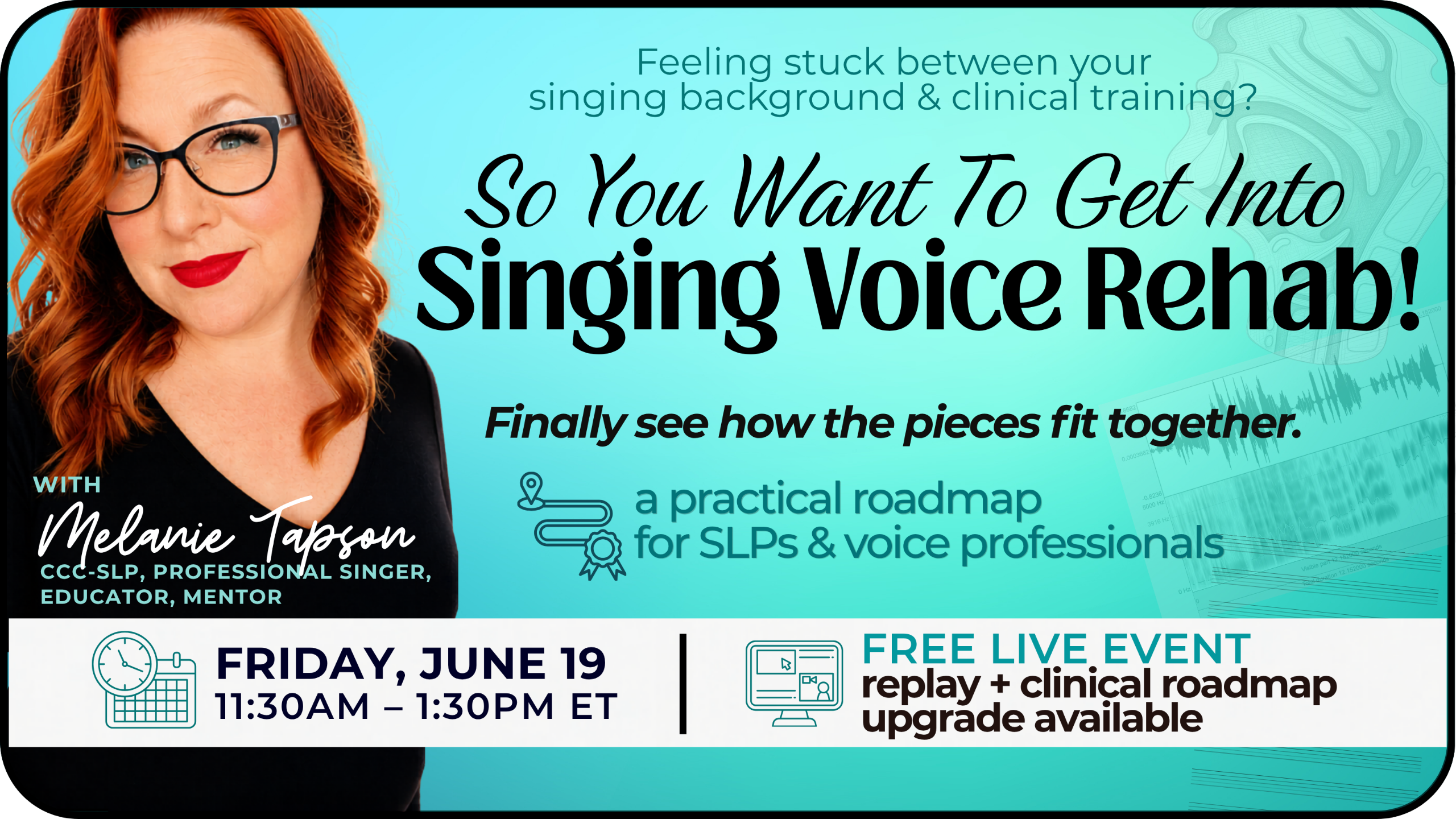 Power of Voice text next to vintage microphone with the words a virtual voice symposium around it, and a shooting star whooshing behind the logo; by Melanie Tapson MSc SLP (C) CCC-SLP PAVA-RV Reg CASLPO next to a round headshot of a white woman with blue eyes, red hair, and red lipstick