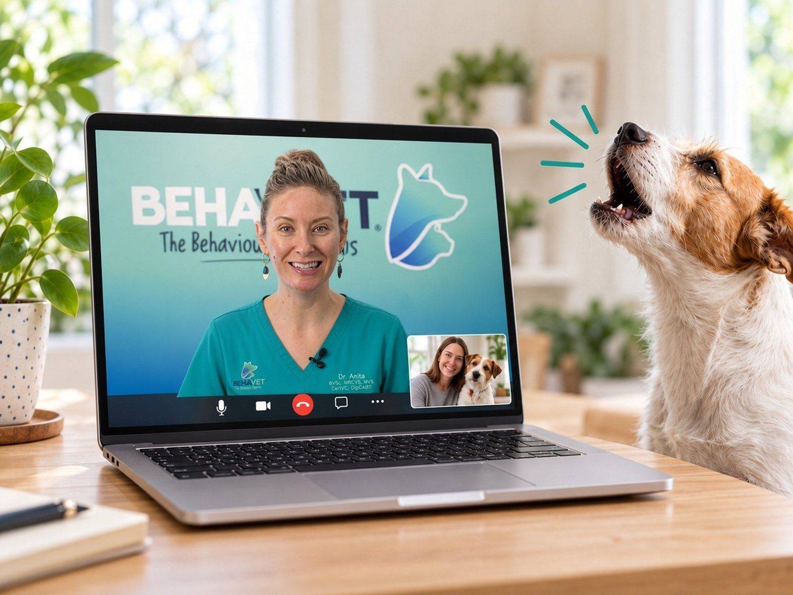 Vet behaviourist on a video call with a dog owner