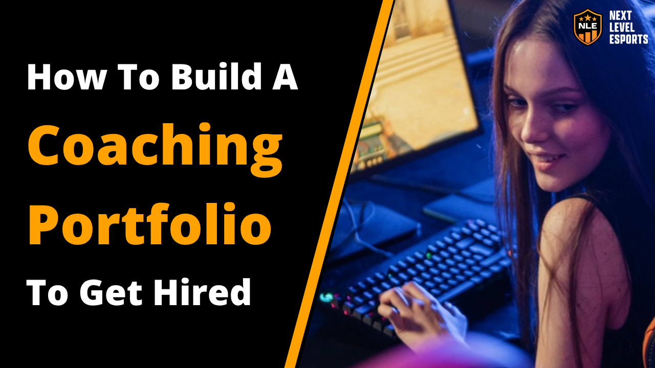 Esports coaching portfolio guide thumbnail: focused esports player at a gaming PC in an arena