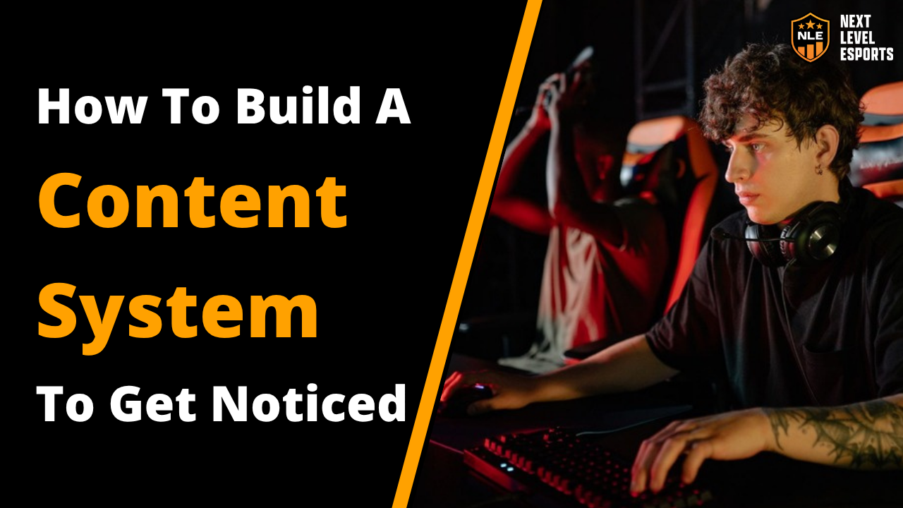 Esports coach content system guide thumbnail — a focused gamer at a computer in an esports arena
