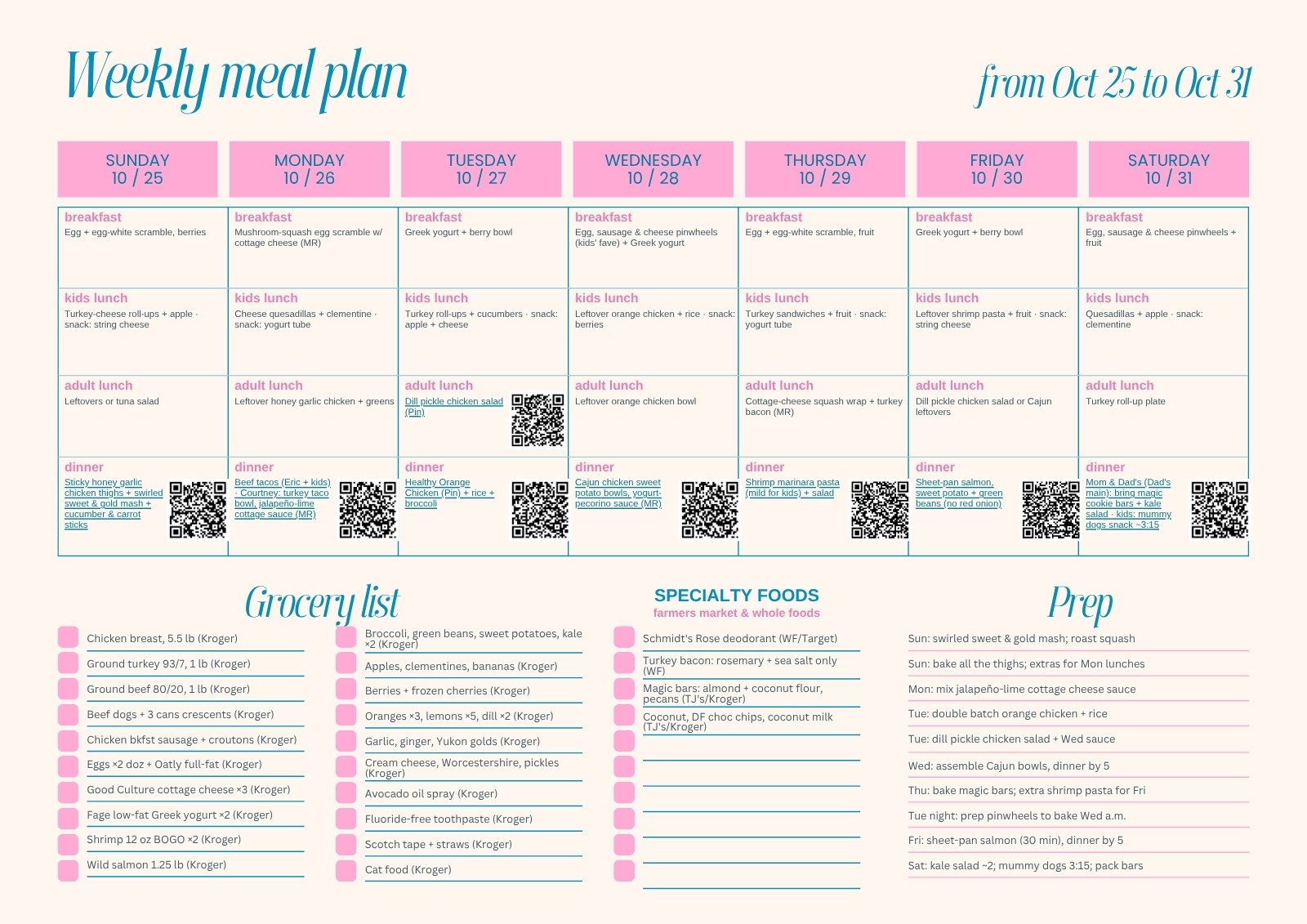 Weekly meal planner with recipe QR codes