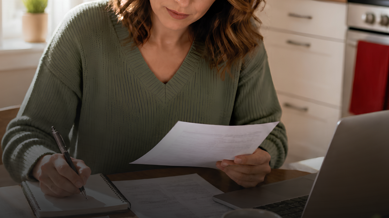 Canadian woman reviewing her budget and emergency fund at a kitchen table