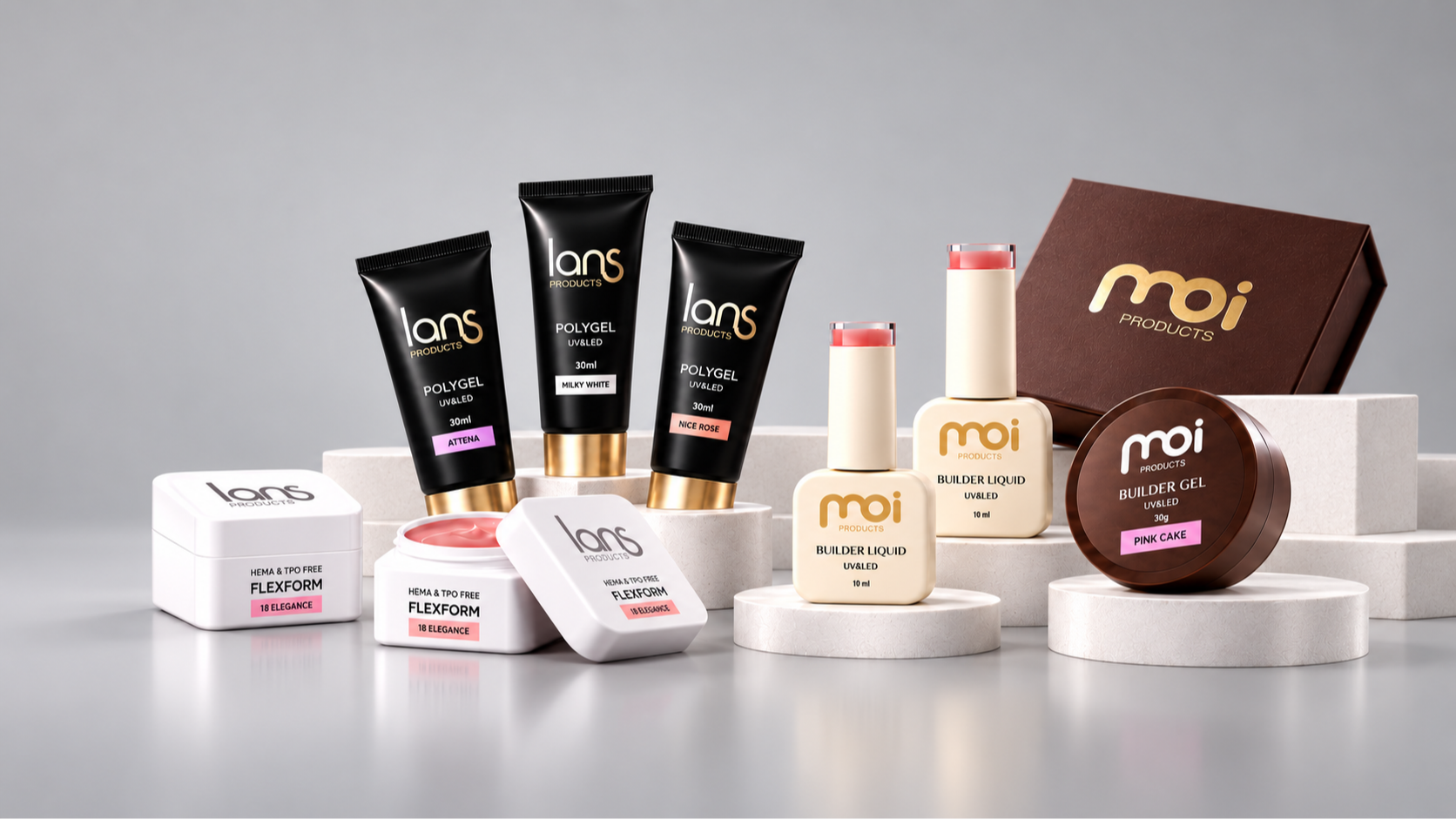 Polygel y Flexform LANS, Builder Liquid y Builder Gel MOI