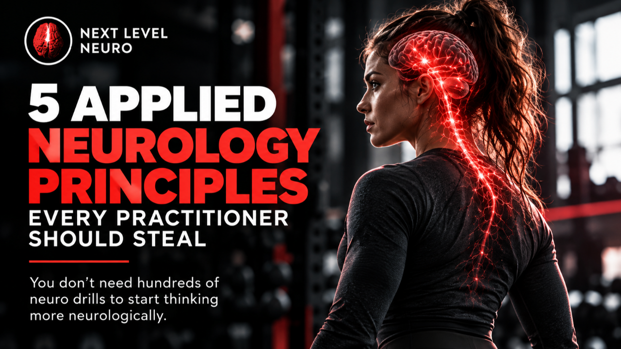 Next Level Neuro practitioner working with a female client, introducing five Applied Neurology principles for assessment, training, and clinical decision-making.
