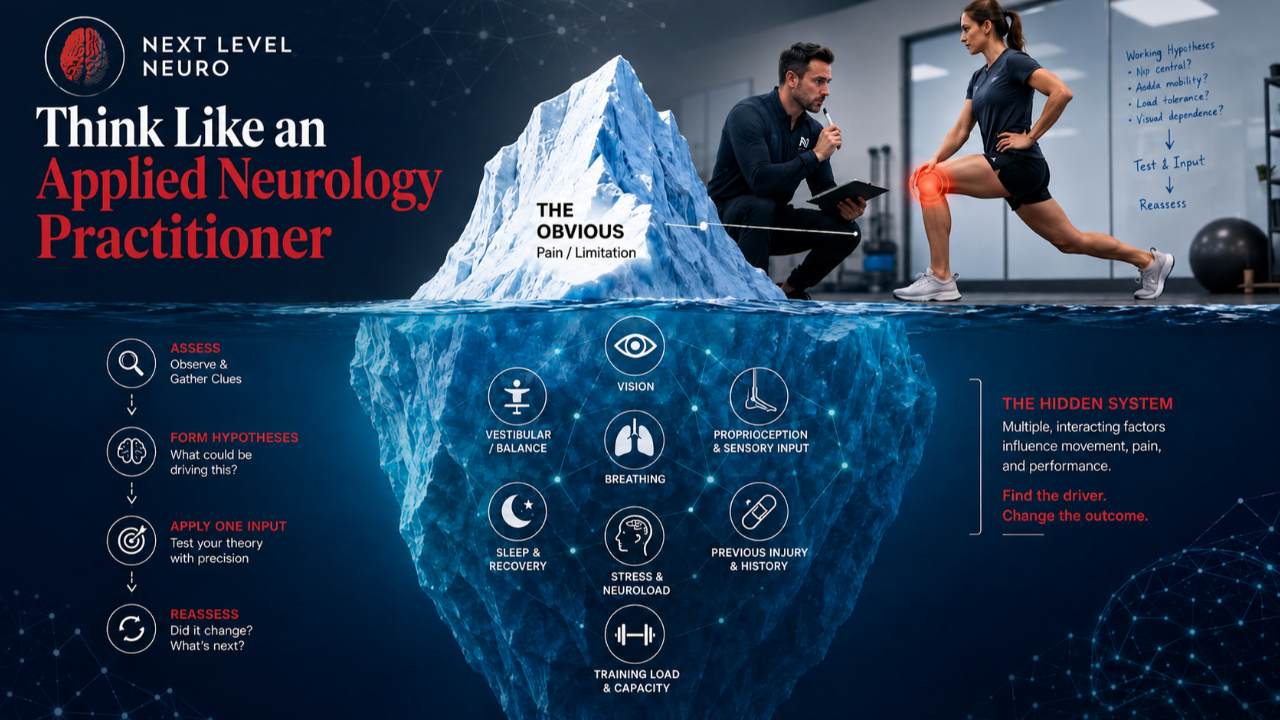 Next Level Neuro iceberg graphic showing knee pain above the waterline and hidden neurological factors below, including vision, vestibular function, proprioception, breathing, sleep, stress, previous injuries, sensory input, and training load.