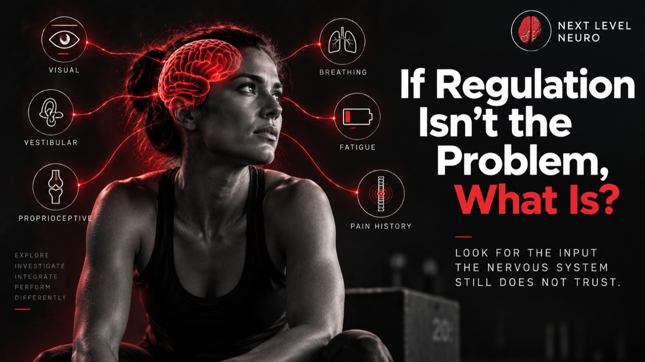 Athlete shown calm and regulated alongside a frustrated athlete, illustrating why movement, pain, strength, or performance may remain unchanged even after nervous system regulation.