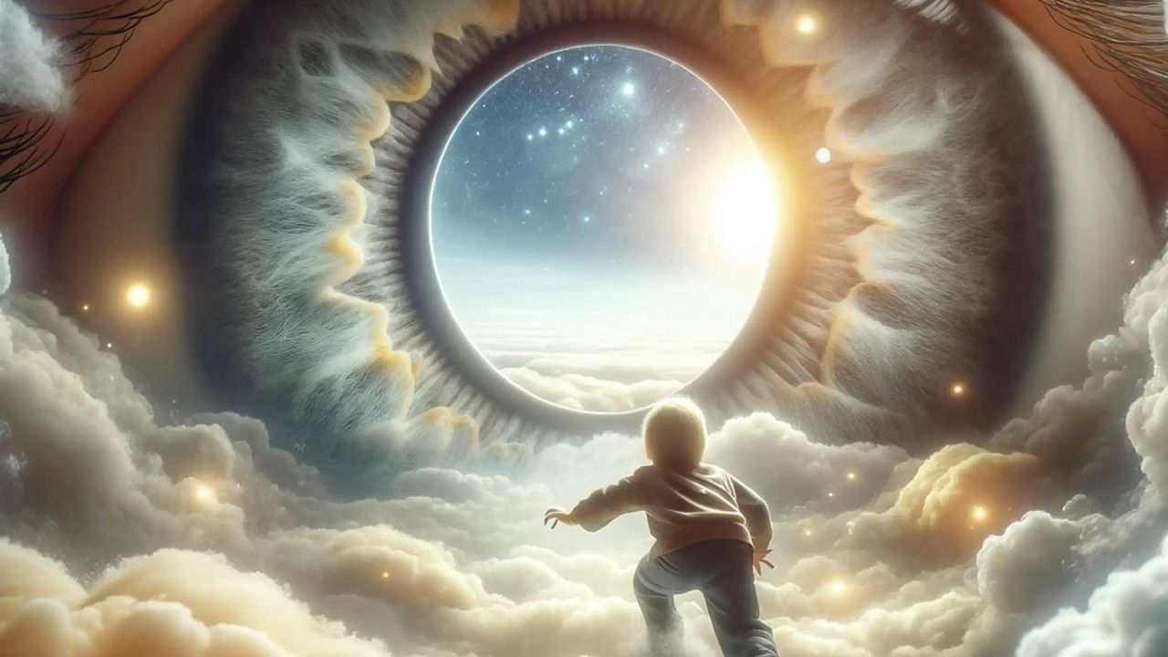 A little boy inside of giant human eye trying to see outside world from his point of view.