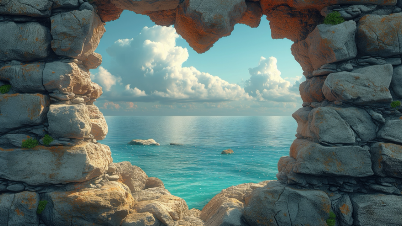 A stone arch opening to the sea, symbolizing the journey beyond old patterns into a new way of seeing.