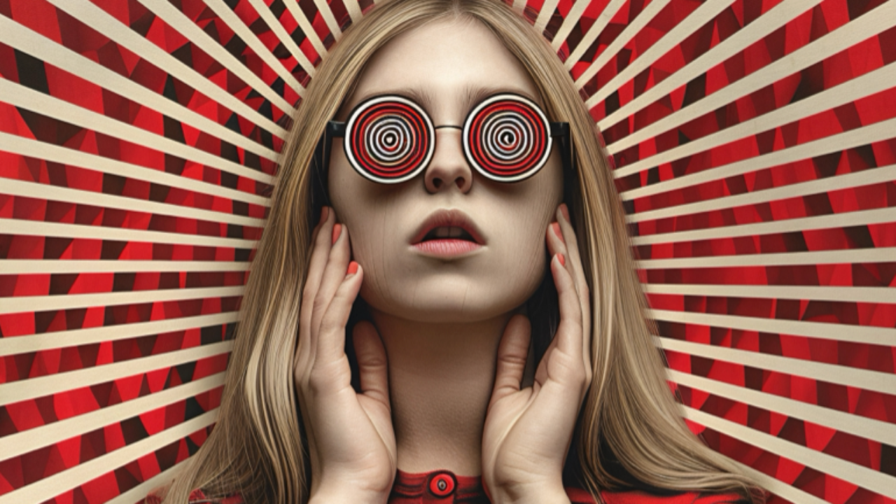 A woman wearing spiral-patterned glasses against a radiating red-and-cream optical illusion background.