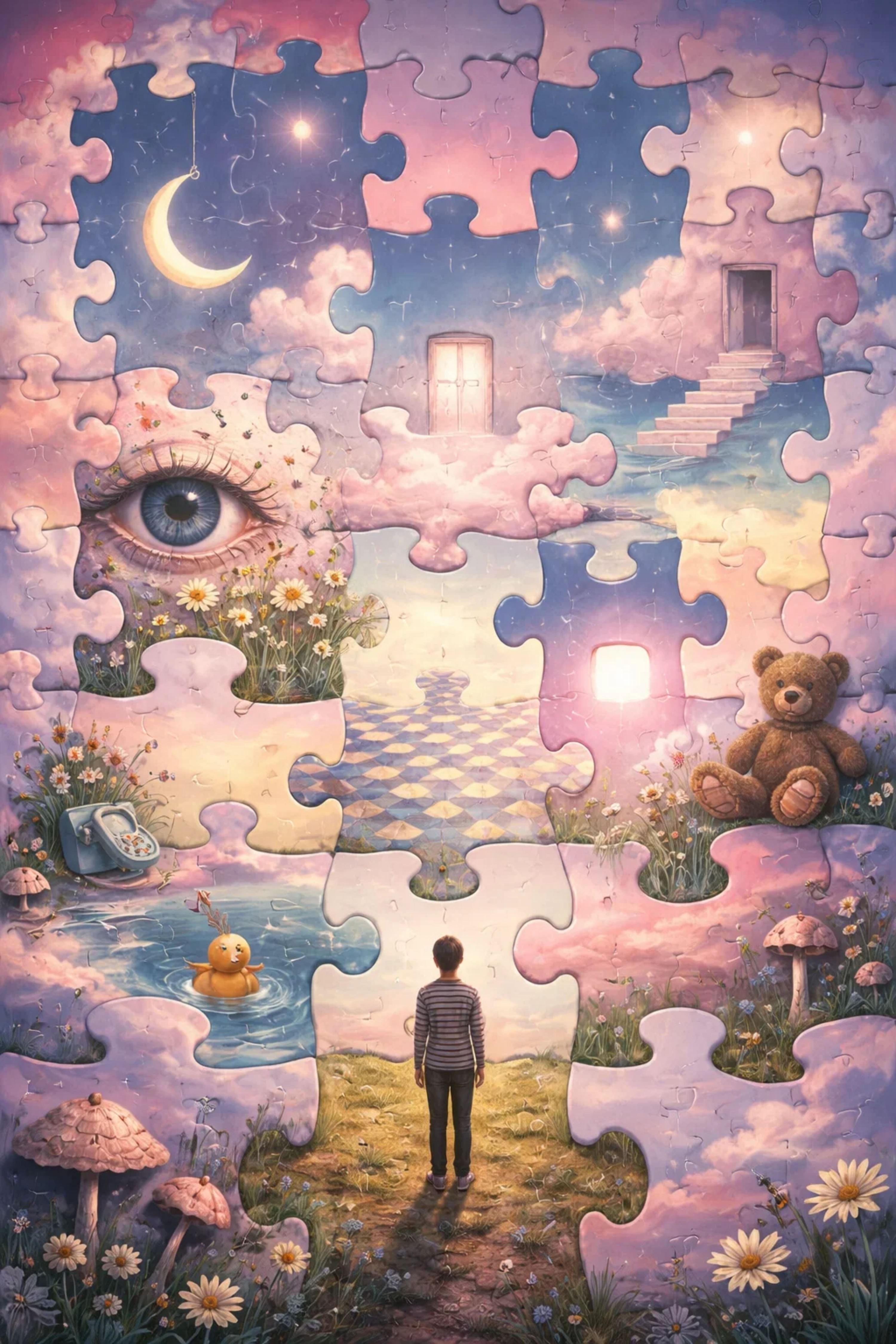 There is a boy looking out the jigsaw puzzles of his version of world.