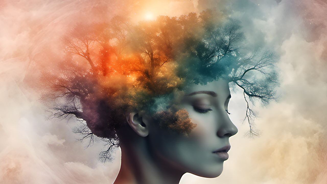A surreal portrait of a serene woman with her eyes closed, her head blending into colorful trees, glowing light, and clouds, symbolizing the connection between mind, nature, and consciousness.
