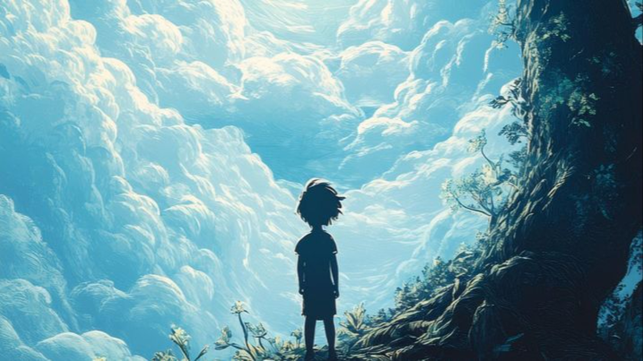 A little boy looking towards a vast cloudy sky.
