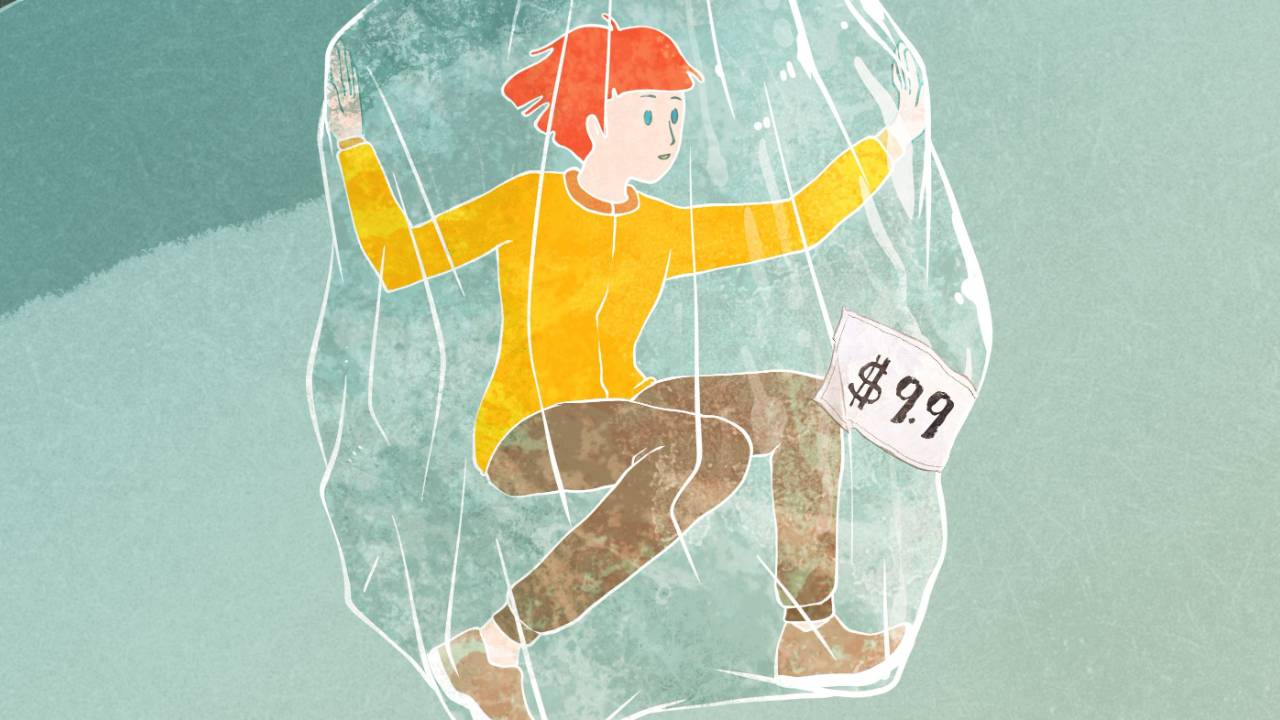A young lady is trapped in a giant plastic bag with a price tag of $9.9 which is what she thinks her worth is.