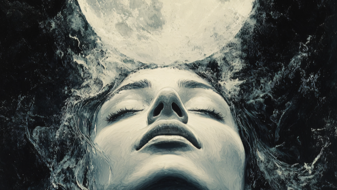 A surreal, monochromatic artwork of a woman with closed eyes beneath a luminous full moon, surrounded by swirling, ethereal textures against a dark background.