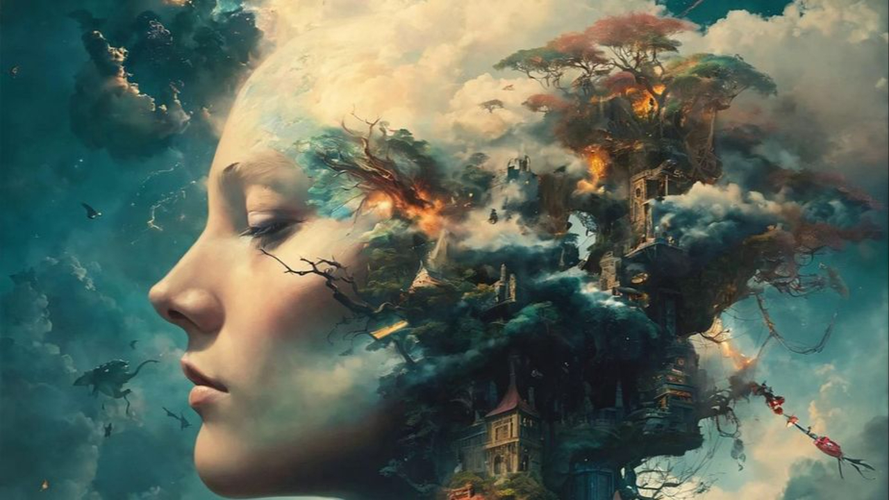 A woman's profile in which we see the fire representing anger and resentment burning inside her head