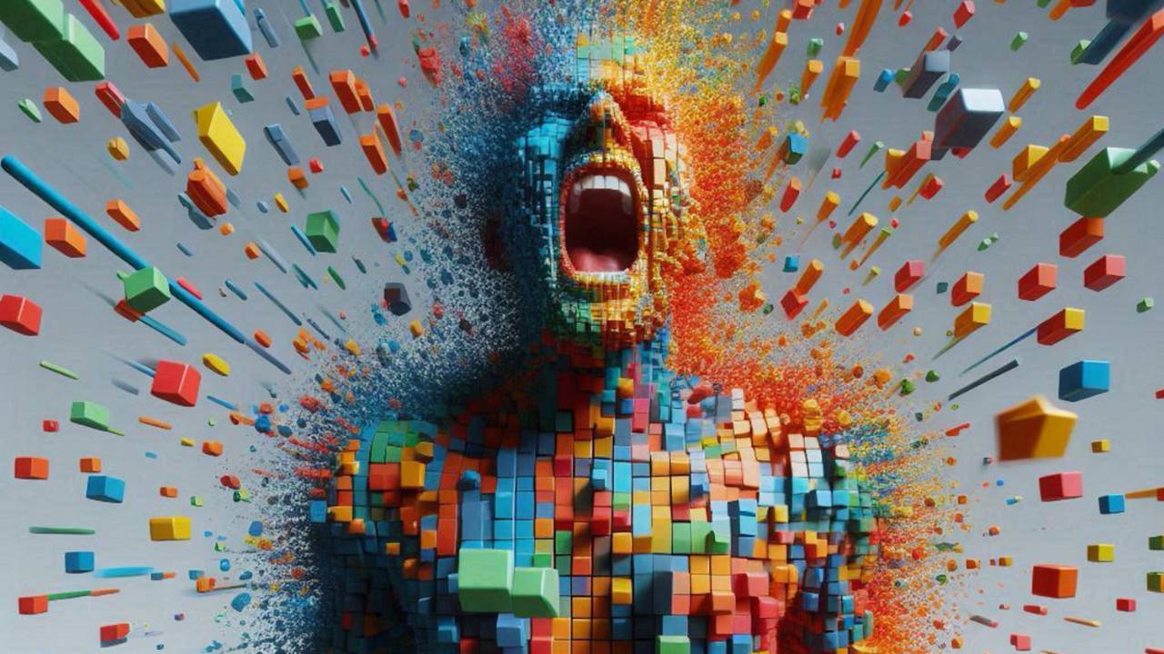 An abstract human figure made of colorful blocks screams as intense emotions explode outward.