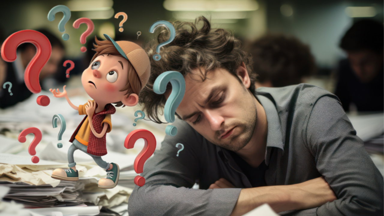 A stressed, exhausted man sits surrounded by piles of paperwork, while a confused cartoon child stands beside him, both surrounded by colorful question marks.