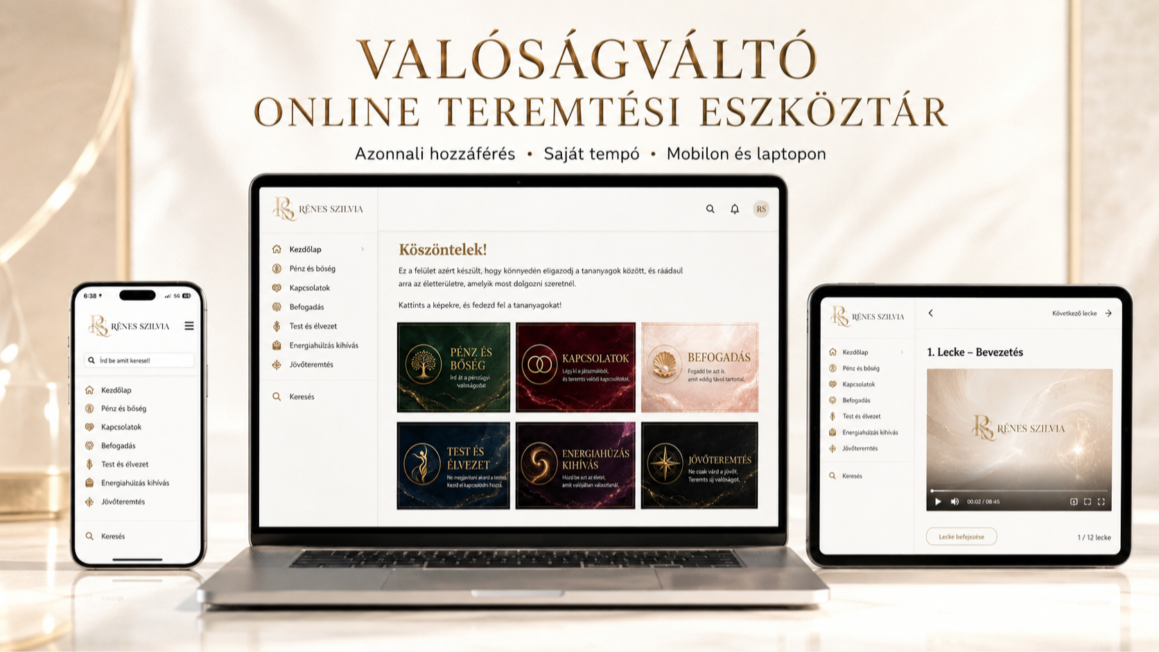Valóságváltó – online Kajabi tananyag laptopon, tableten és telefonon (ide kerül a feltöltendő kép)