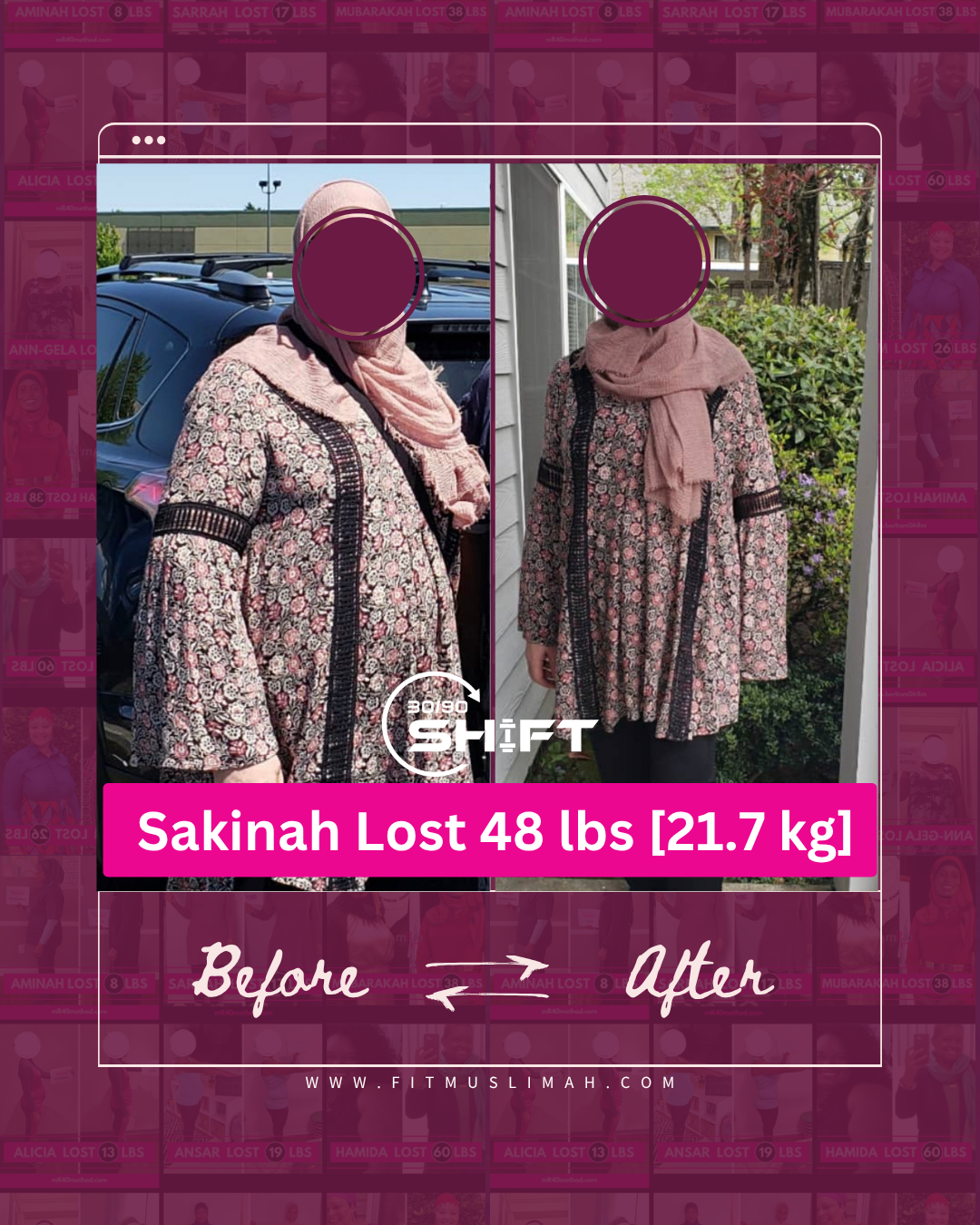 Sakinah lost 48 pounds, before and after