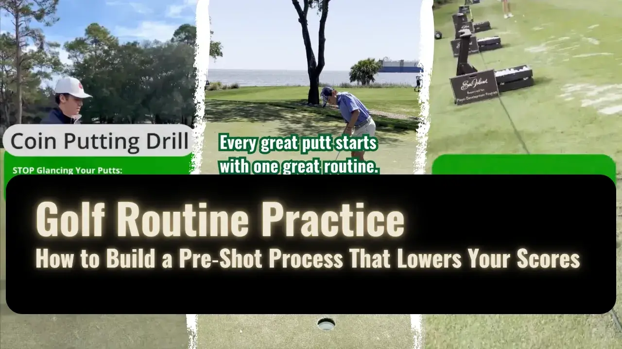 golf routine practice sample videos in the background with titles and golfers doing the practice.