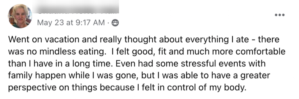 Client post: no mindless eating on vacation, felt in control