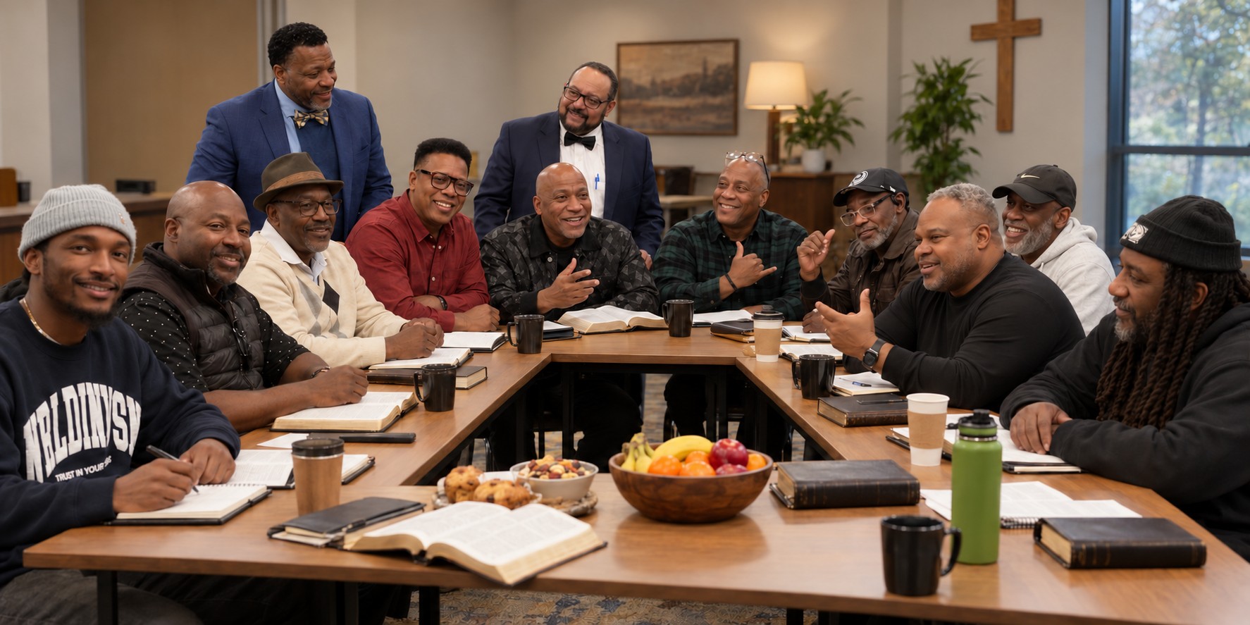 Sons of Thunder fellowship composite showing the men enjoying conversation around tables with Bibles, fruit, and snacks.