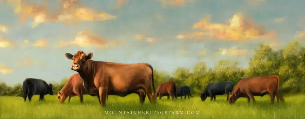 Painting of Dexter cattle herd at Mountain Heritage Farm in Tennessee, reflecting the farm’s heritage bloodlines and dairy focus.