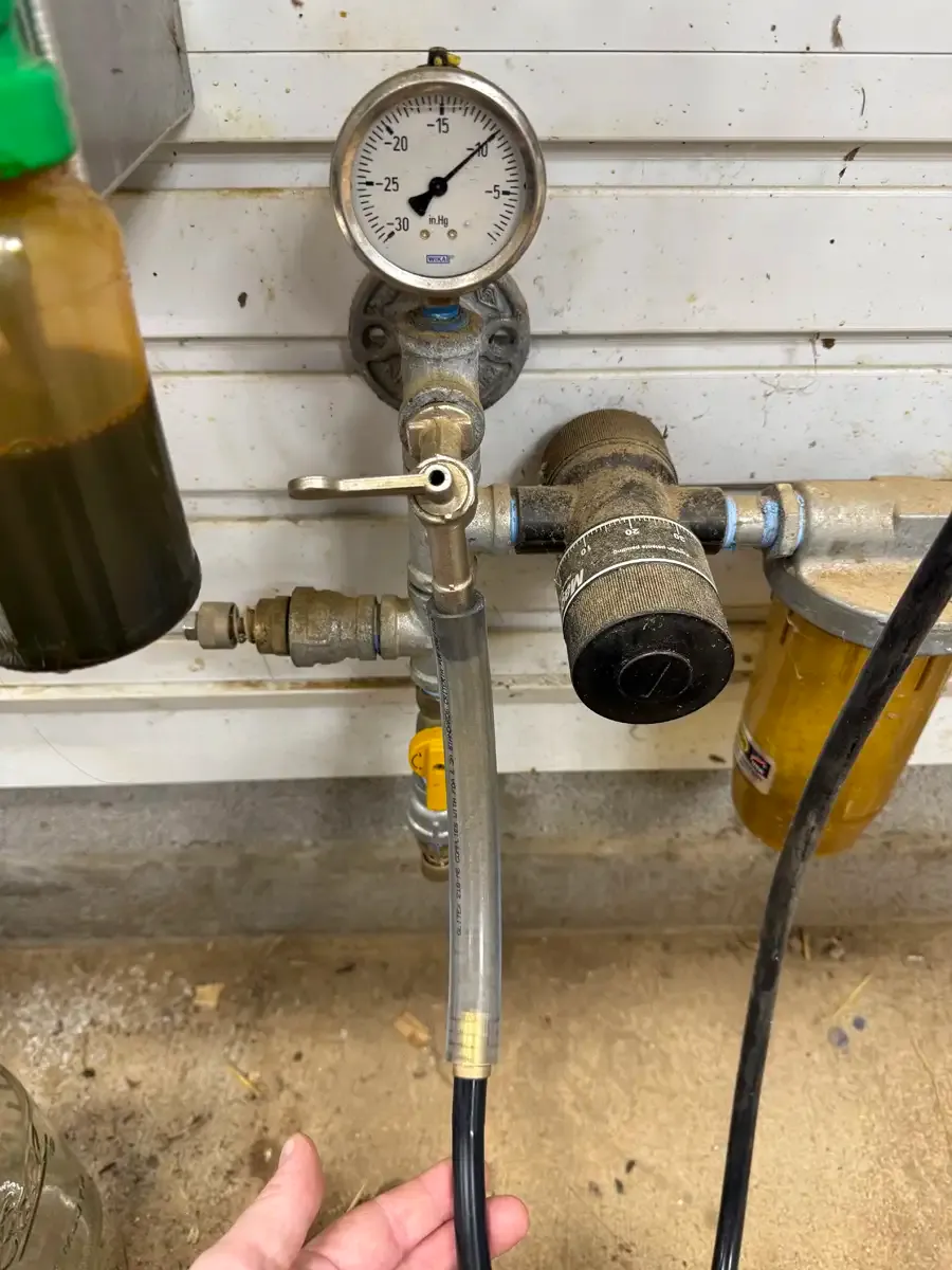 Vacuum system with gauge and hose connected for milking a Dexter cow.