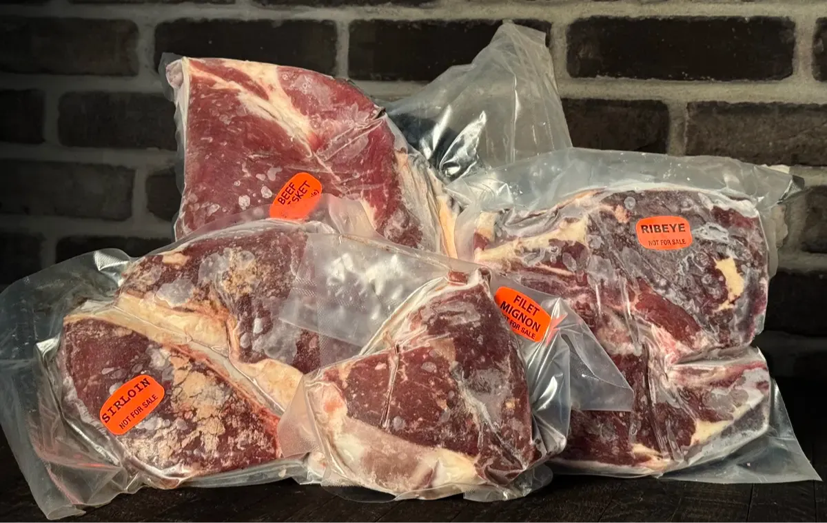 Vacuum-sealed Dexter beef steaks from Mountain Heritage Farm, pasture-raised and ready for the freezer.
