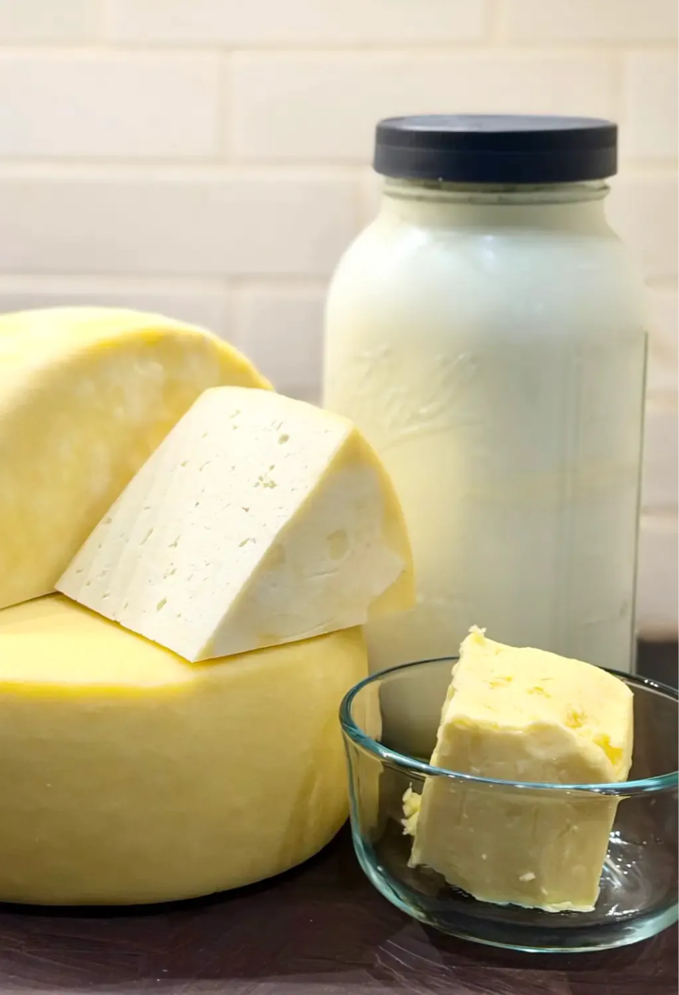Homemade dairy foods made from fresh Dexter cow milk including butter, yogurt, or cheese