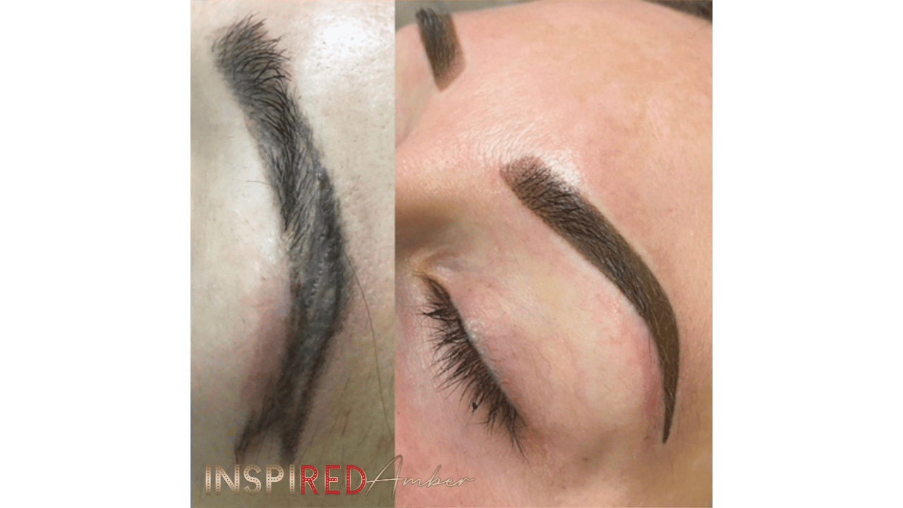 permanent makeup eyebrow correction showing uneven and overworked brows before and after fixing mistakes in PMU technique and healing process