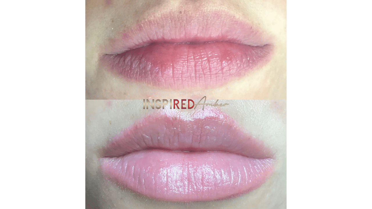Dark lip neutralization permanent makeup before and after showing corrected dark lip pigmentation and balanced lip color