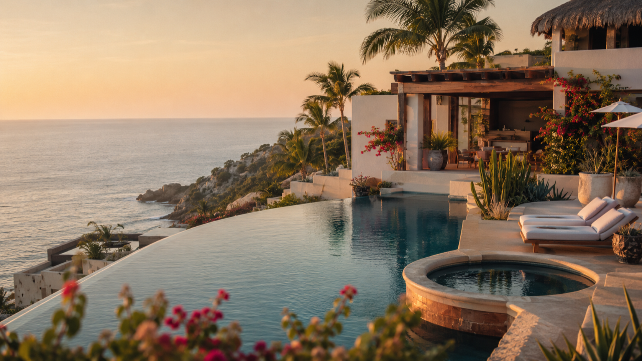 Ultra-luxury contemporary residence overlooking the Sea of Cortez in Los Cabos, Mexico at golden hour