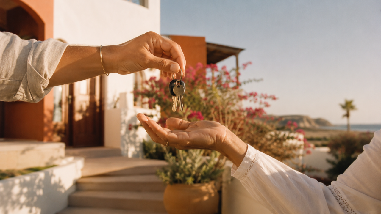 Keys being handed over in front of a sunlit modern Mexican home