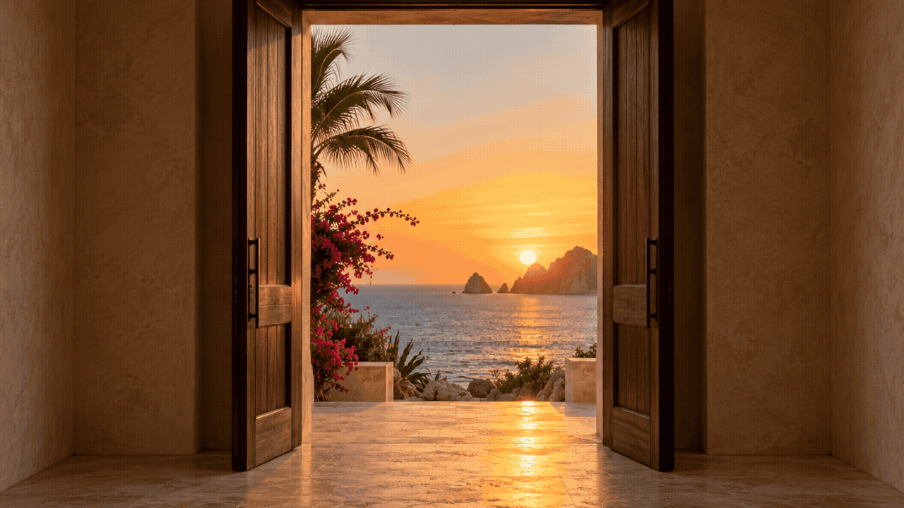 Open wooden doors framing a sunset over the ocean in Los Cabos, Mexico