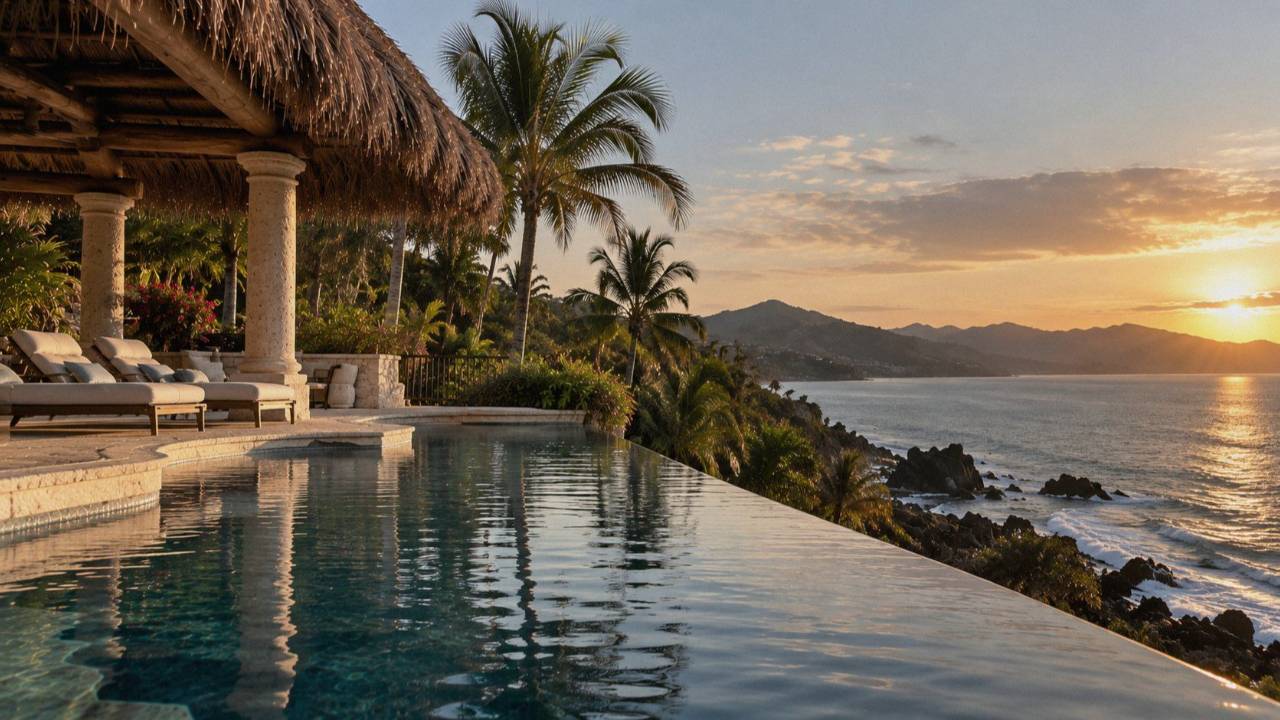 Infinity pool at a clifftop villa overlooking the ocean in Punta Mita, Mexico