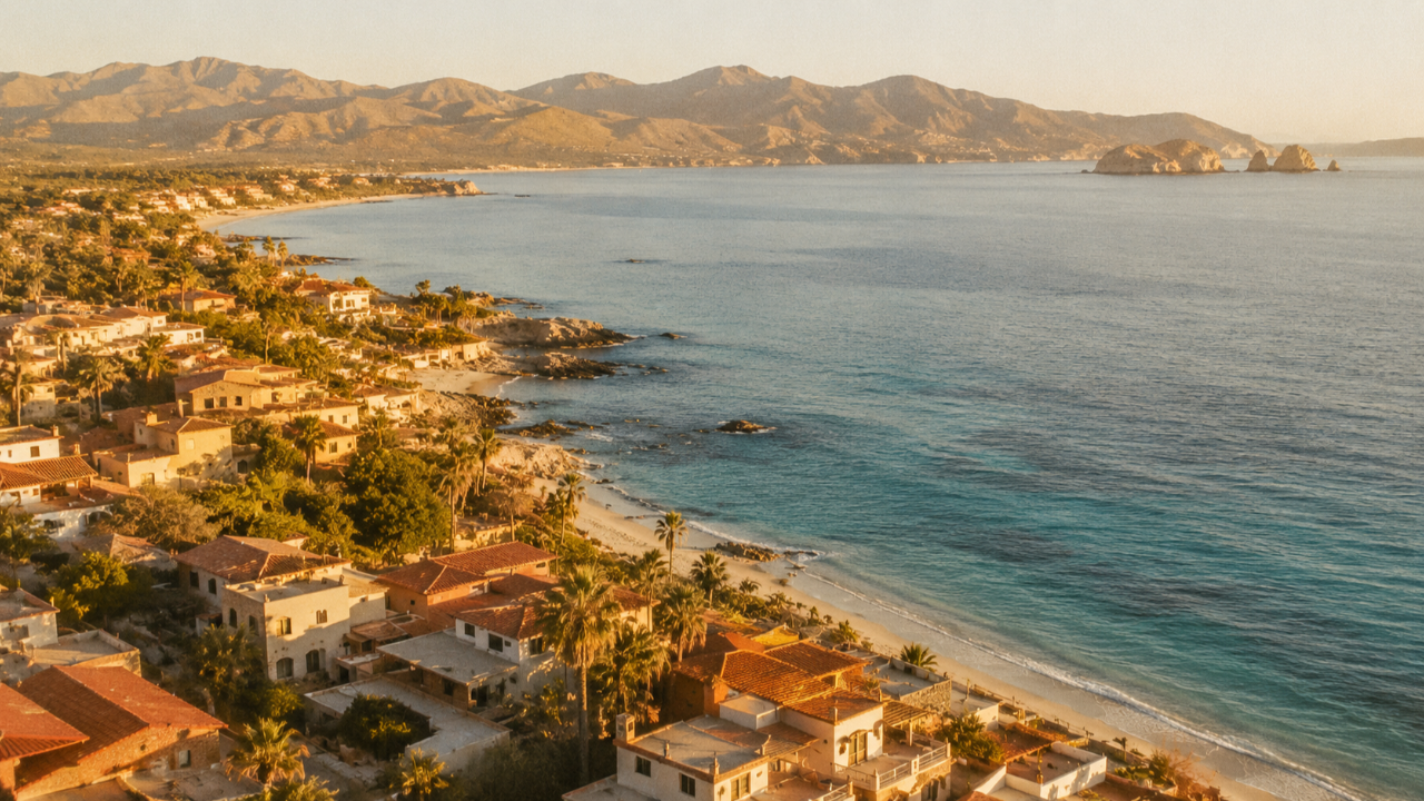 Sun-washed Mexican coastal town meeting the sea at golden hour