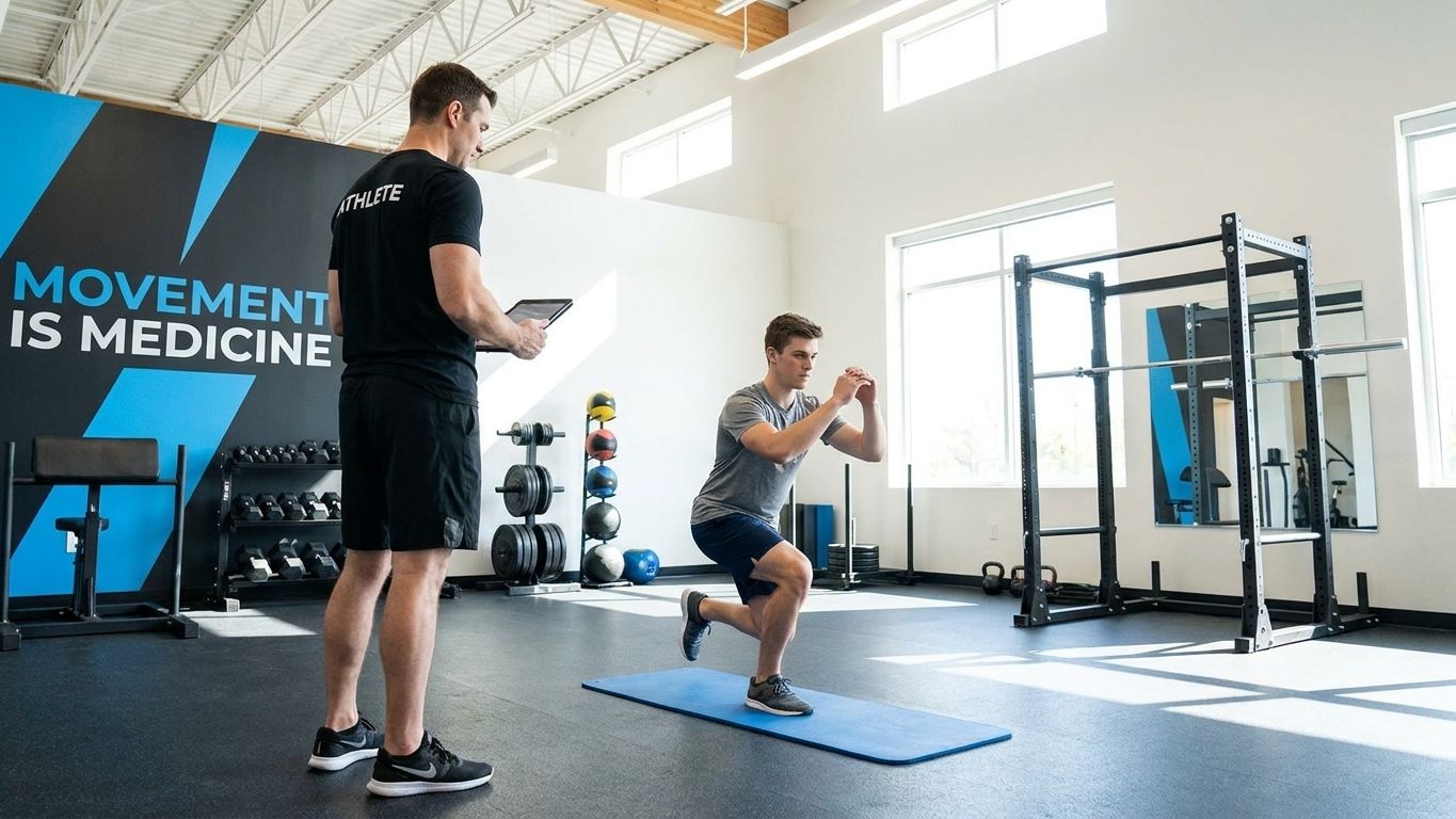 Patient undergoing a functional movement assessment with a physical therapist at a performance physical therapy clinic in Decatur, GA