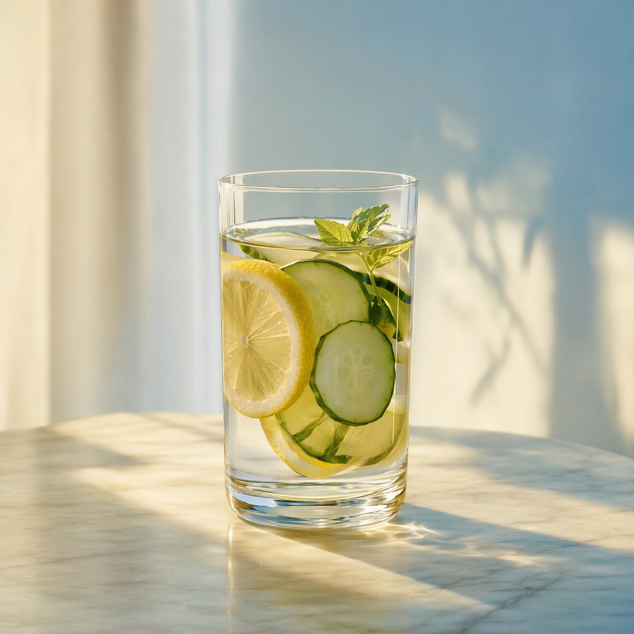 A glass of water with lemon and cucumber in morning light