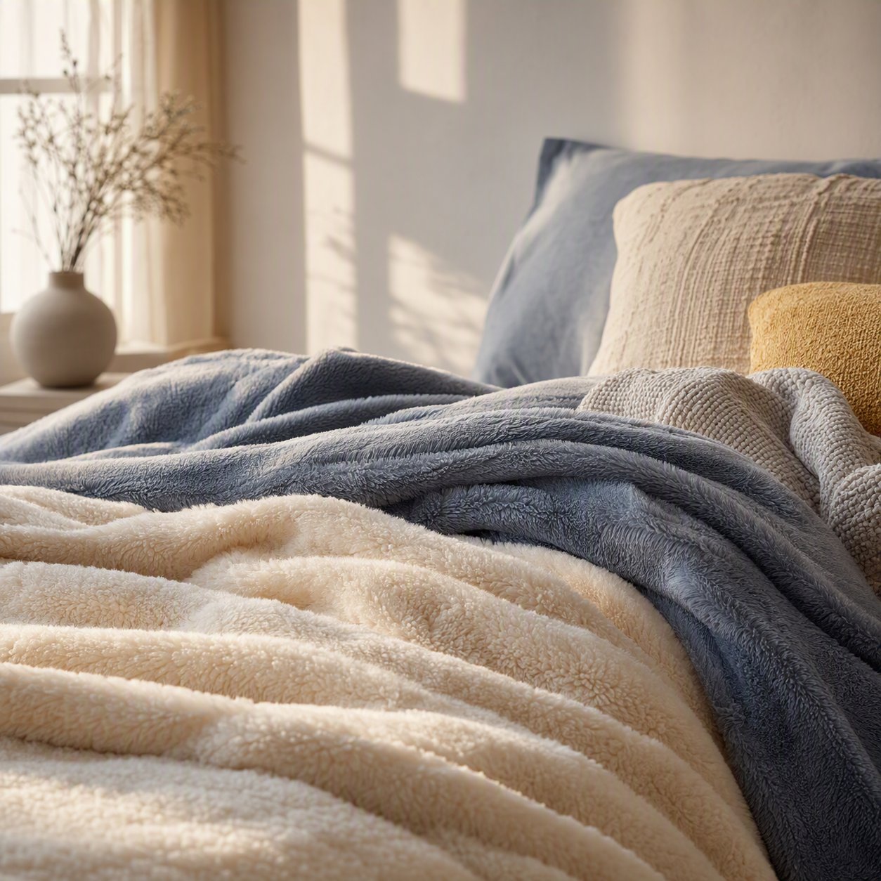 Morning light falling across a made bed