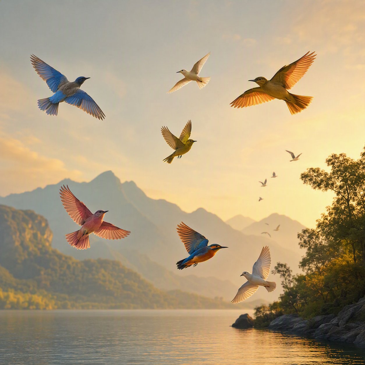 Birds in flight above an open sky