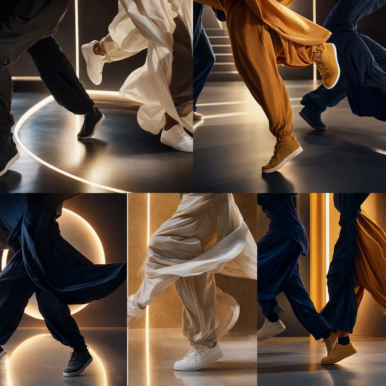 Feet and flowing fabric caught mid-movement in warm light