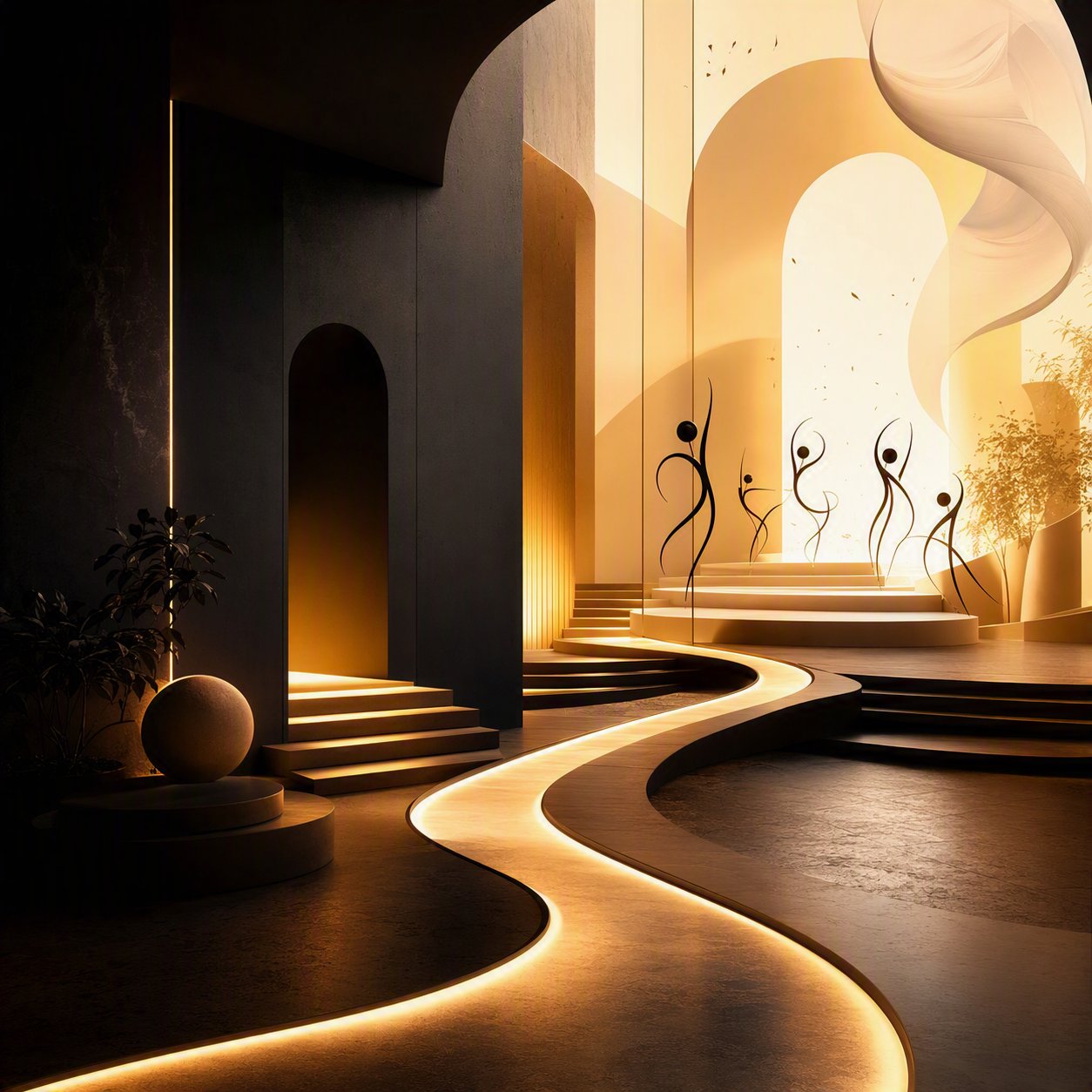A figure moving freely in a warm, arched interior