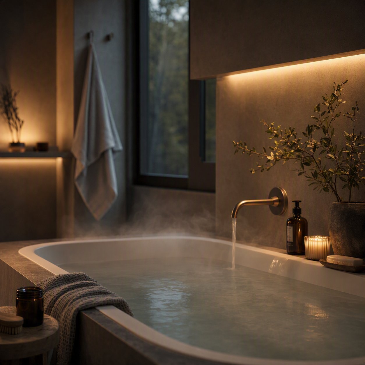 A warm bath drawn in a quiet, candlelit room
