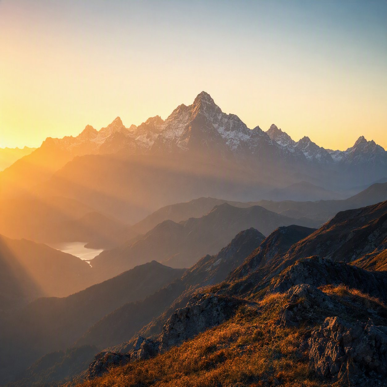 Sunrise over a distant mountain range