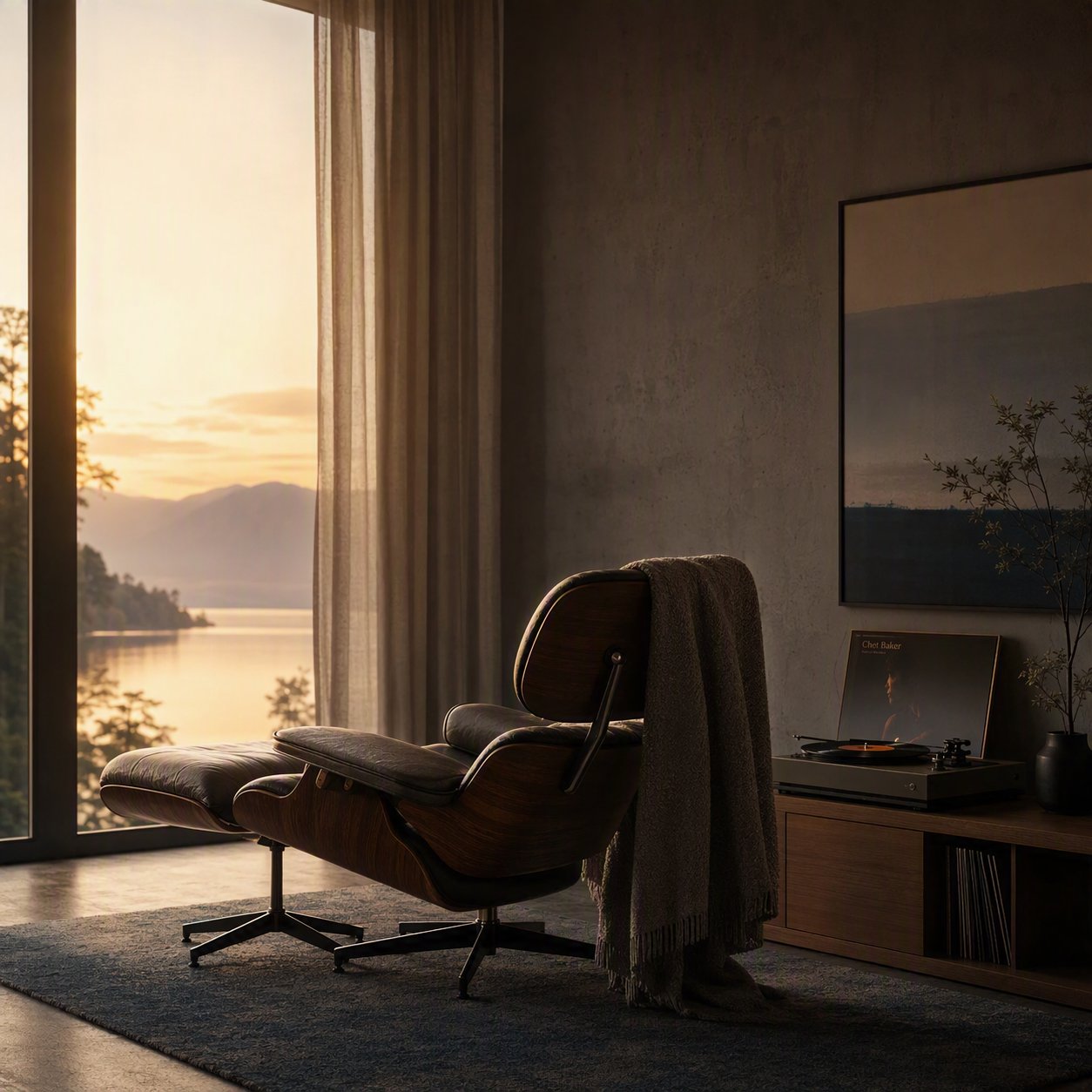 A record player beside an armchair in a warm living room