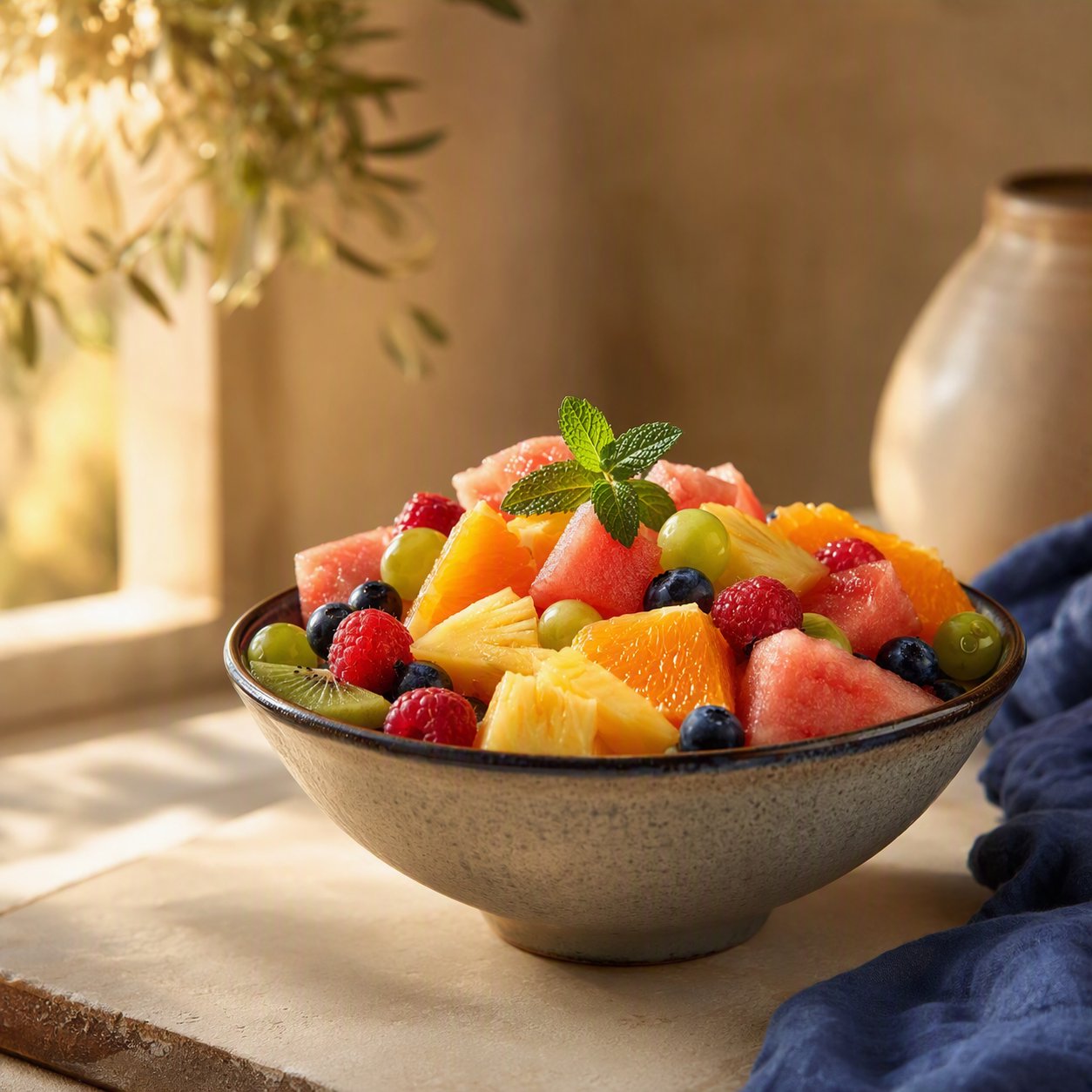 A bowl of fresh fruit on a sunlit table
