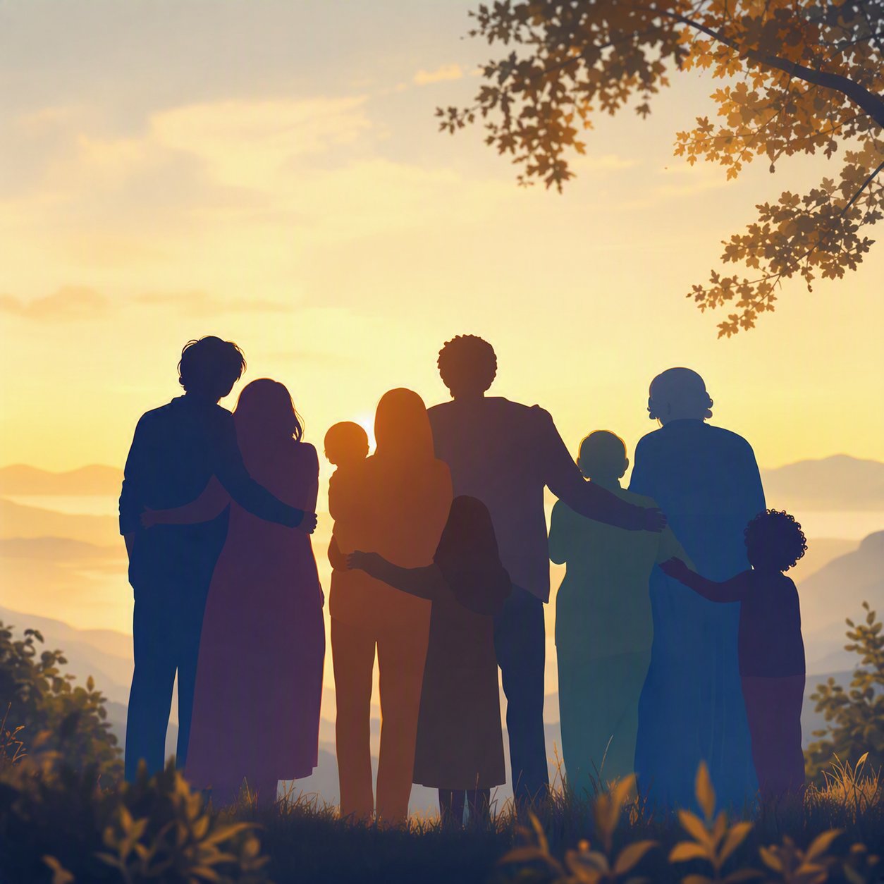 Silhouettes of a group gathered at sunset, seen from behind