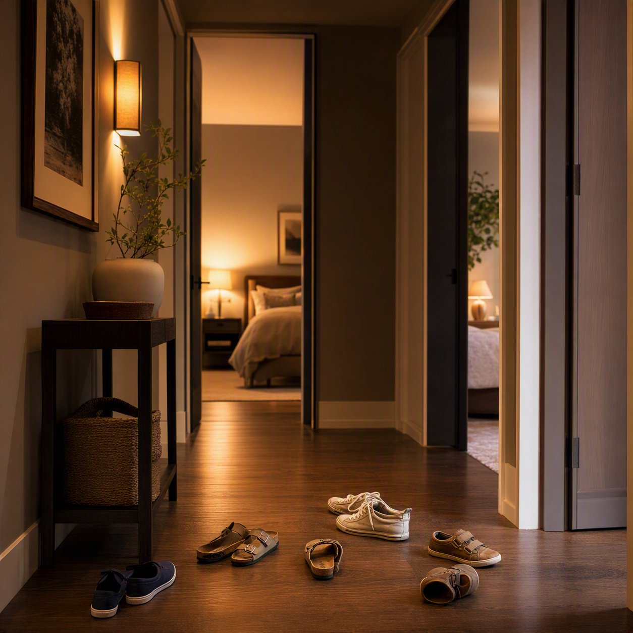Shoes set down by the door at the end of the day